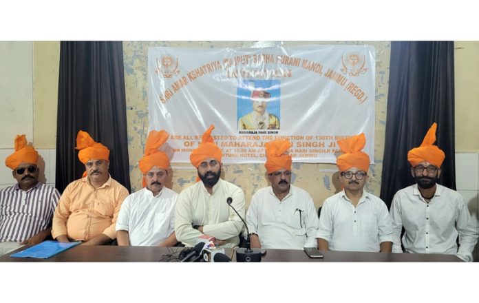 Leaders of SAKRS J&K during a press conference at Jammu on Saturday.