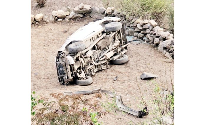 The accident hit vehicle in a gorge in Kishtwar district on Wednesday. -Excelsior/Tilak Raj