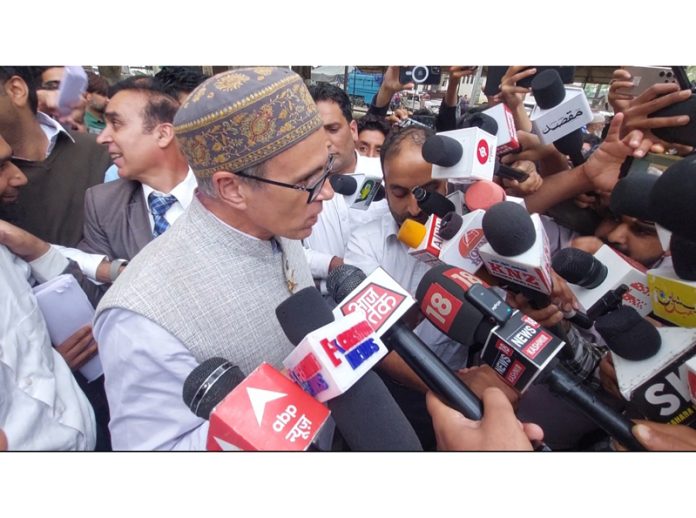 NC leader Omar Abdullah speaking to reporters on Tuesday. -Excelsior/Firdous