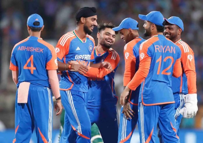 Arshdeep Singh celebrating with team players after defeating Bangladesh in first T20 match at Gwalior on Sunday.