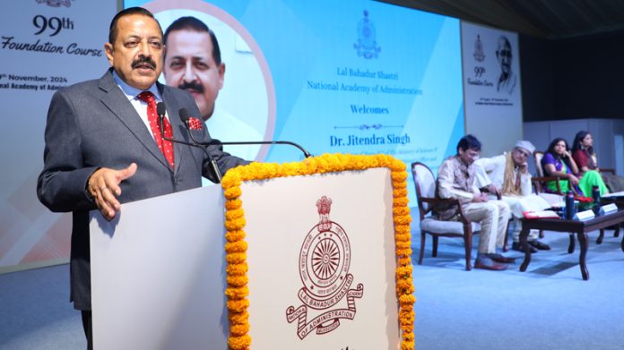 Union Minister Dr Jitendra Singh addressing IAS / Civil Services trainees at Lal Bahadur Shastri National Academy of Administration (LBSNAA), Mussoorie on Friday.