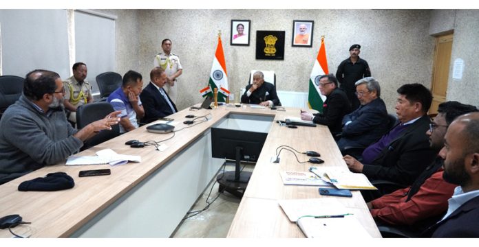 LG Ladakh Brig (Retd) BD Mishra chairing a meeting in Leh on Thursday.