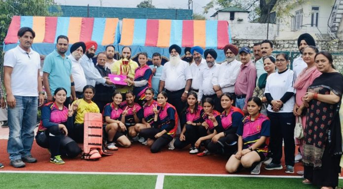 Winning team posing along with dignitaries during closing ceremony of Inter-District UT Level U-17 Girls Hockey tourney at Poonch.