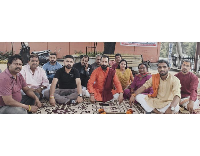 Movement Kalki members during a hunger strike at Jammu on Monday.