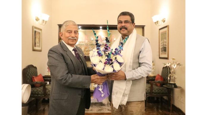 LG Ladakh, Brig (Retd) Dr BD Mishra, during meeting with Union Minister of Education Dharmendra Pradhan in New Delhi on Sunday.