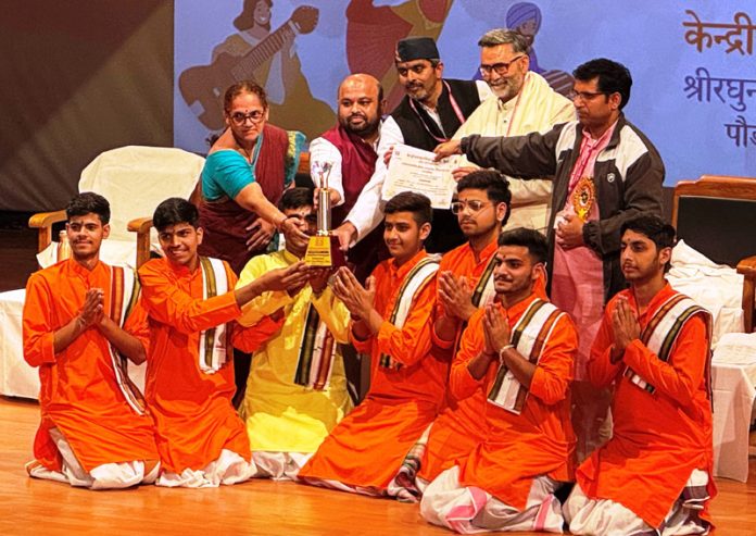 Students of SMVD Gurukul pose for a group photograph after winning medals in 3-day North Zone Youth Fest held at Uttarakhand.