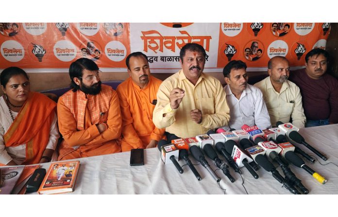 Shiv Sena J&K president, Manish Sahni addressing a press conference at Jammu on Wednesday. -Excelsior/Rakesh