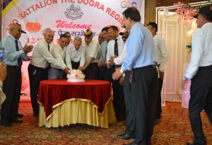 Veterans of 3rd Dogra Regiment celebrating its Raising Day at Jammu on Sunday.