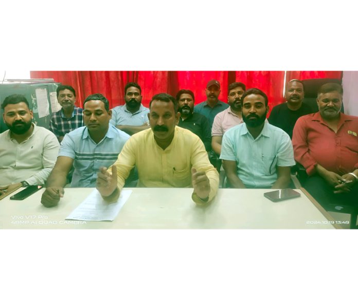 JMC Civic Safai Karamchari Union leaders addressing press conference in Jammu on Saturday.