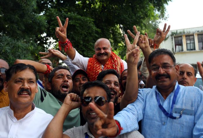 Yudhvir Sethi with his supporters during ‘Vijay’ rally in Jammu on Wednesday.