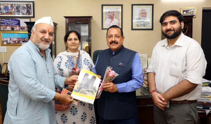 Members of Save Sharda Committee Kashmir presenting a brochure to Union Minister, Dr Jitendra Singh at New Delhi on Saturday.