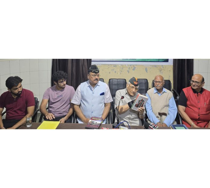 Maj Gen (Retd) Goverdhan Singh Jamwal and others addressing press conference on Saturday.