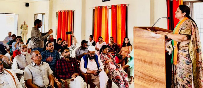 BJP senior leader and former Minister Priya Sethi addressing a party workshop in Rajouri on Monday.