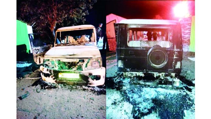 Vehiclles torched by the militants during terror attack at Gagangir, Ganderbal on Sunday. Another pic on page 4.