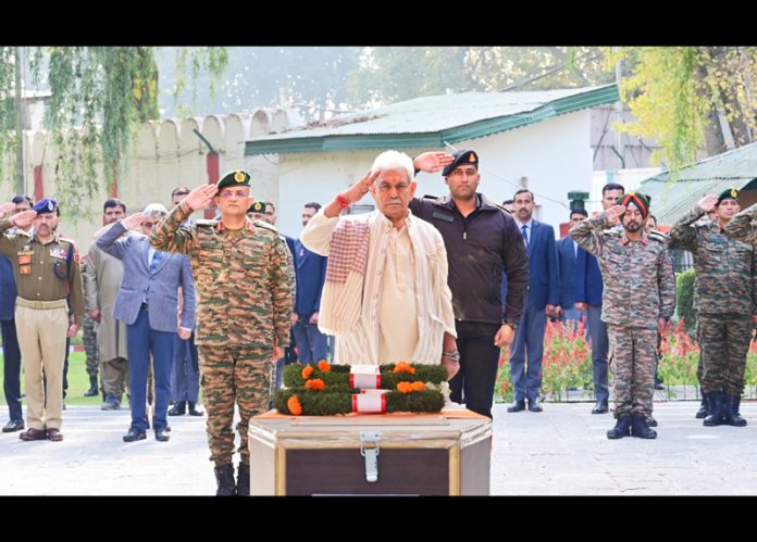 LG Manoj Sinha paying homage to martyred Army personnel in Srinagar on Friday.