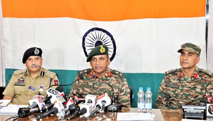 GOC Maj Gen Sameer Srivastava along with DIG Jammu Shiv Kumar Sharma and Brig Kapil Taneja at a press conference in Jammu on Tuesday.