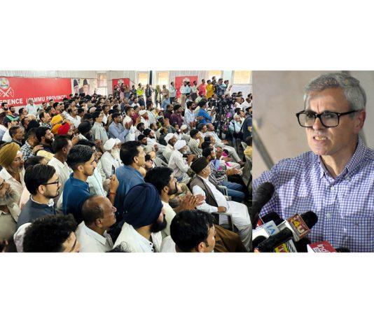 CM Omar Abdullah addressing the party workers at Sher-i-Kashmir Bhawan in Jammu on Saturday. —Excelsior/Rakesh