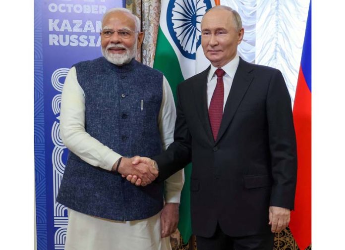 Prime Minister Narendra Modi meeting with President of Russia Vladimir Putin in Kazan on Tuesday. (UNI)