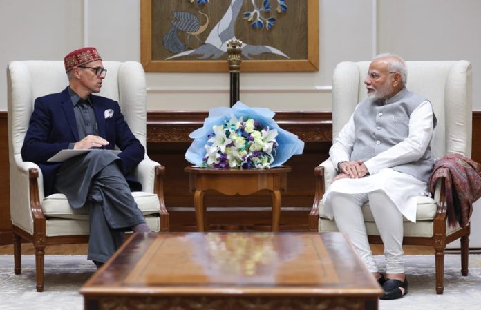 Chief Minister Omar Abdullah in a meeting with Prime Minister Narendra Modi in New Delhi on Thursday.