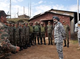 IAF chief ACM AP Singh with Air Warriors at a forward location in Jammu on Wednesday.