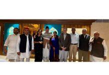 INDIA bloc leaders posing with Dr Farooq Abdullah and Omar Abdullah in Srinagar on Tuesday.