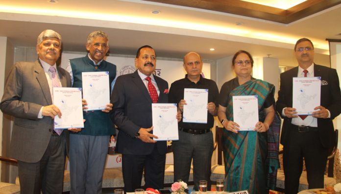 Union Minister Dr Jitendra Singh releasing Jammu related data of the ‘first -of -its kind’ ICMR-India diabetes 'INDIAB' Study to assess prevalence of diabetes in India, at Jammu on Sunday. -Excelsior/Rakesh