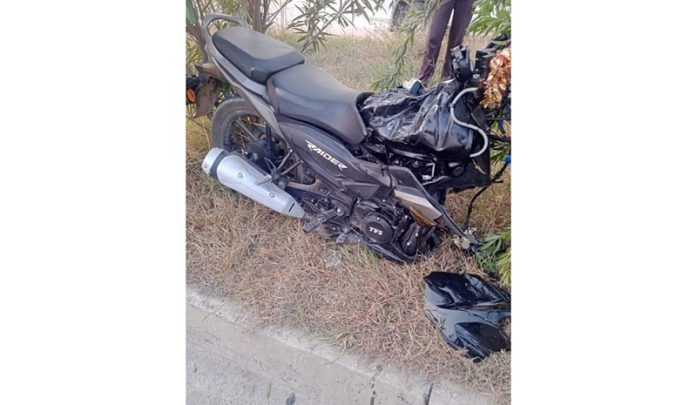 The bike damaged in accident at Panjgrain, Nagrota.