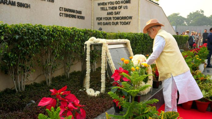 Union Home Minister Amit Shah pays tribute to police martyrs in New Delhi on Monday. (UNI)