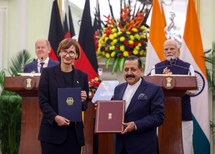 PM and Chancellor of German, Olaf Scholz witnessingthe exchange of agreements between India and Germany at Hyderabad House, in New Delhi on Friday.