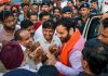 Haryana Chief Minister Nayab Saini being greeted by supporters after winning the Assembly election from Ladwa constituency in Kurukshetra district on Tuesday.