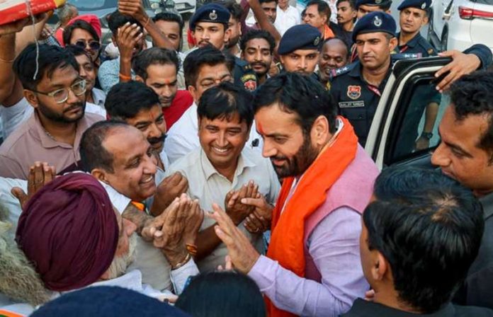 Haryana Chief Minister Nayab Saini being greeted by supporters after winning the Assembly election from Ladwa constituency in Kurukshetra district on Tuesday.