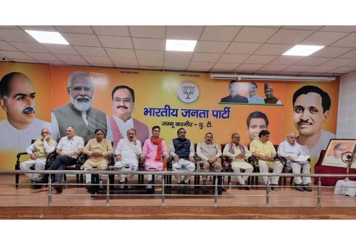 BJP leaders during a meeting at Jammu on Monday.