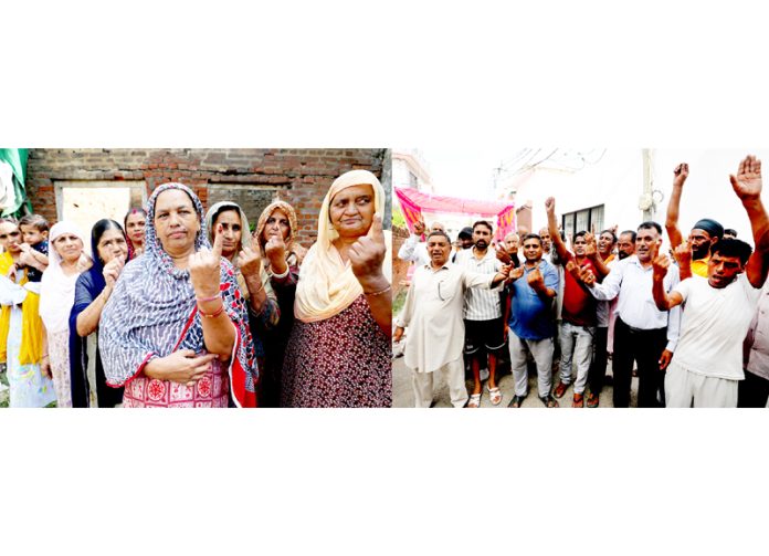 Valmikis and West Pak refugees celebrate as they cast their vote for first time in the Assembly elections in Jammu on Tuesday. -Excelsior/Rakesh