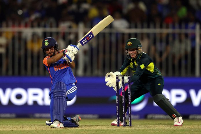 Captain Harmanpreet Kaur in action during semi final match against Australia on Sunday.