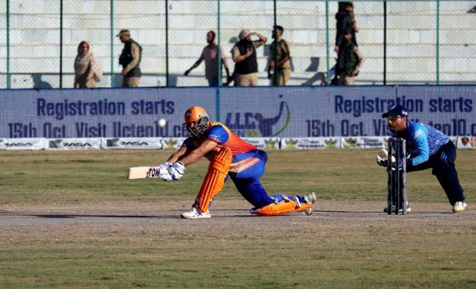 A between playing a sweep shot during Legends League Cricket match between Southern Super Stars and Konark Suryas Odisha at Bakshi Stadium in Srinagar on Saturday. -Excelsior/Shakeel