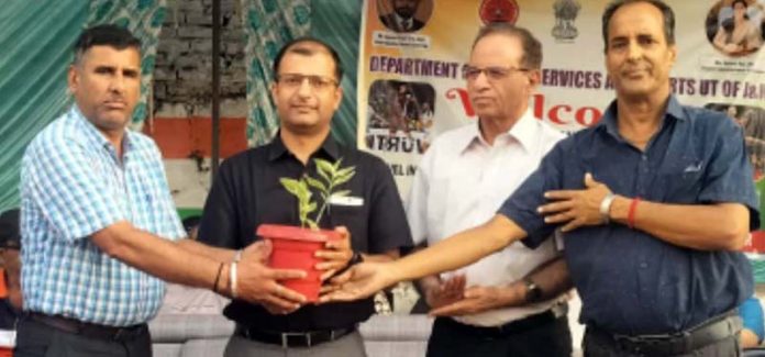 Dignitary receiving a plant presented by organisers.