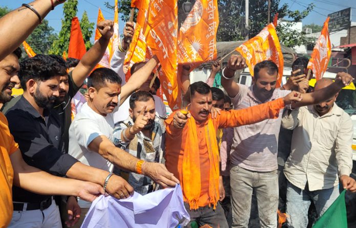 Bajrang Dal activists staging protest in Jammu against recent terror attacks in Kashmir province. -Excelsior/Rakesh