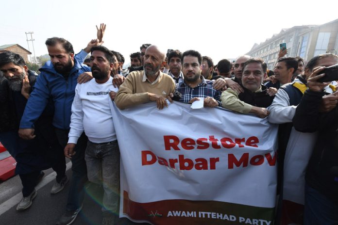 MP Er Abdul Rashid during a protest outside Civil Secretariat in Srinagar on Friday. -Excelsior/Shakeel