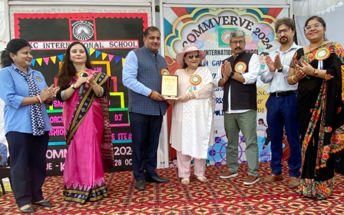 Dignitaries during an event at KC International School in Jammu on Monday.