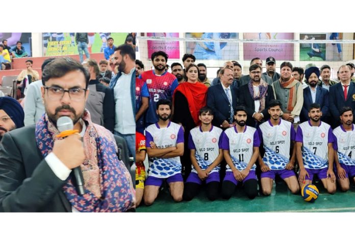 Minister for Youth Services & Sports, Satish Sharma addressing during a sports event at Bijbehara on Wednesday.