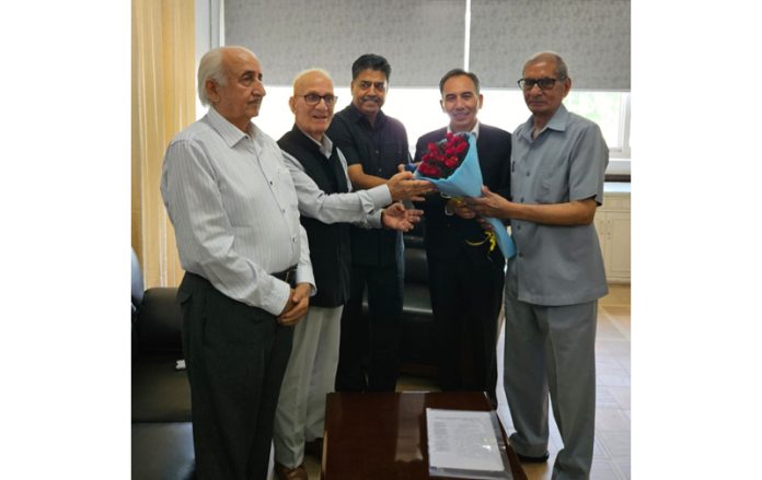 Former District & Sessions Judge along with members of retired Judicial Officers Association greeting Justice Tashi Rabstan in Jammu.