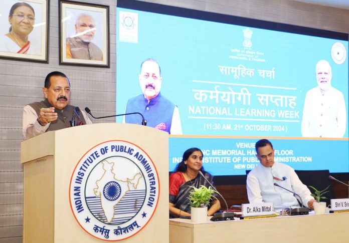 Union Minister Dr Jitendra Singh addressing the “Samuhik Charcha” session of “Karmayogi Saptah” at New Delhi on Monday.