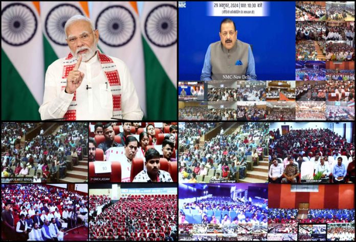 Prime Minister Narendra Modi addressing Rozgar Mela in New Delhi on Tuesday. (UNI)