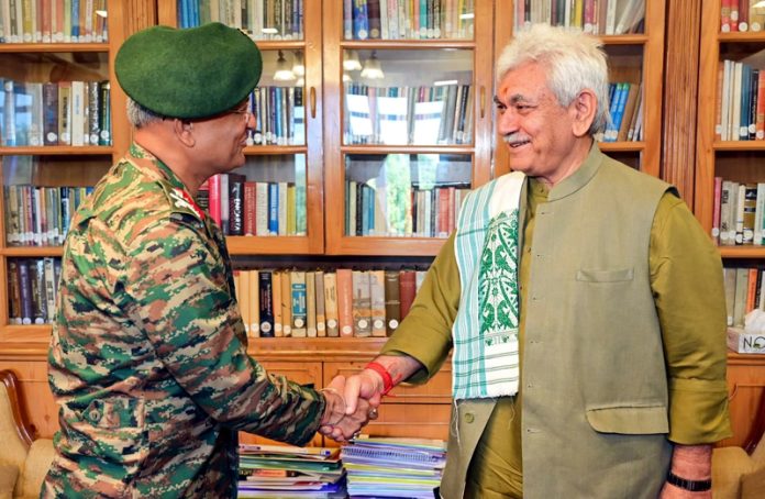 Lieutenant Governor Manoj Sinha during meeting with Lt Gen Prashant Srivastava.