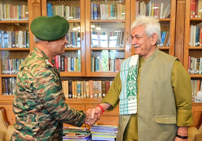 Lieutenant Governor Manoj Sinha during meeting with Lt Gen Prashant Srivastava.