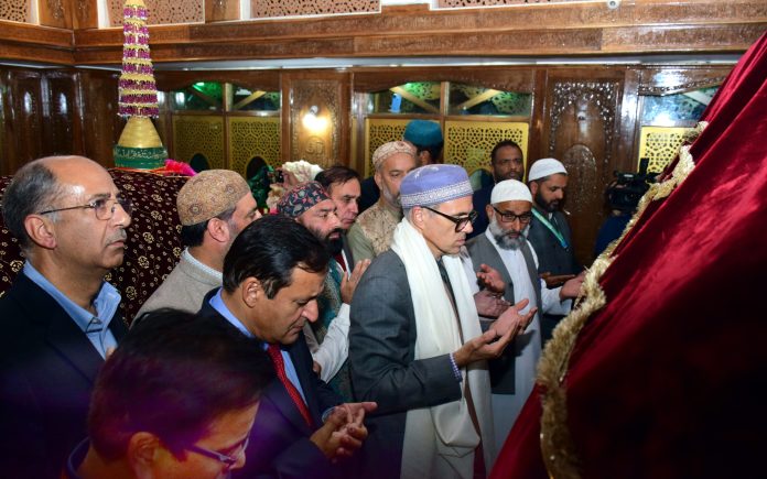 CM Omar Abdullah paying respects at Charar-i-Sharief shrine on Wednesday.