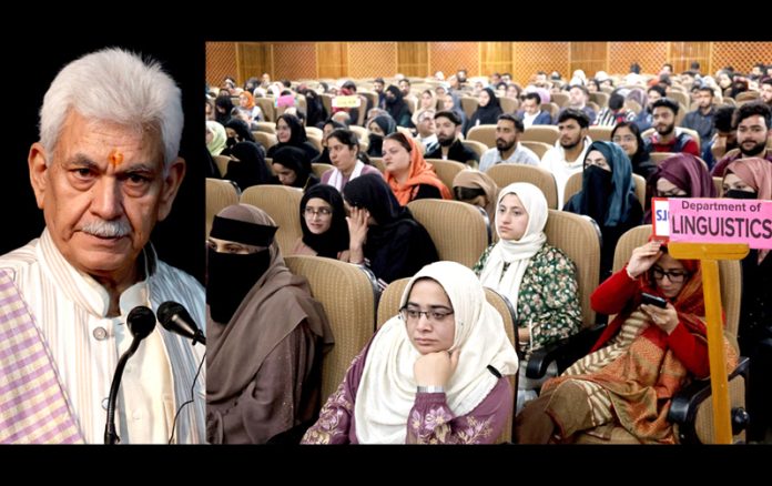 LG Manoj Sinha speaking during a function organised to pay tribute to 'Lal Ded' at Kashmir University on Friday. -Excelsior/Shakeel