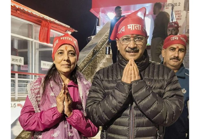 AAP Supremo and Delhi Ex CM Arvind Kejriwal along with his wife paying obeisance at Mata Vaishnodevi Bhawan. —Excelsior/Romesh Mengi