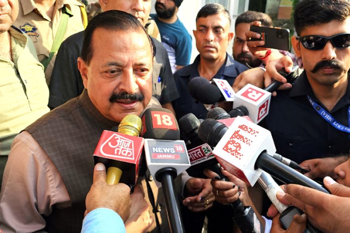 Union Minister Dr Jitendra Singh  speaking to the media after casting his vote at Jammu on Tuesday.