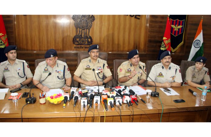 DIG Traffic Jammu Range, Dr Mohd Haseeb Mughal and other senior officers during a press conference at Jammu.